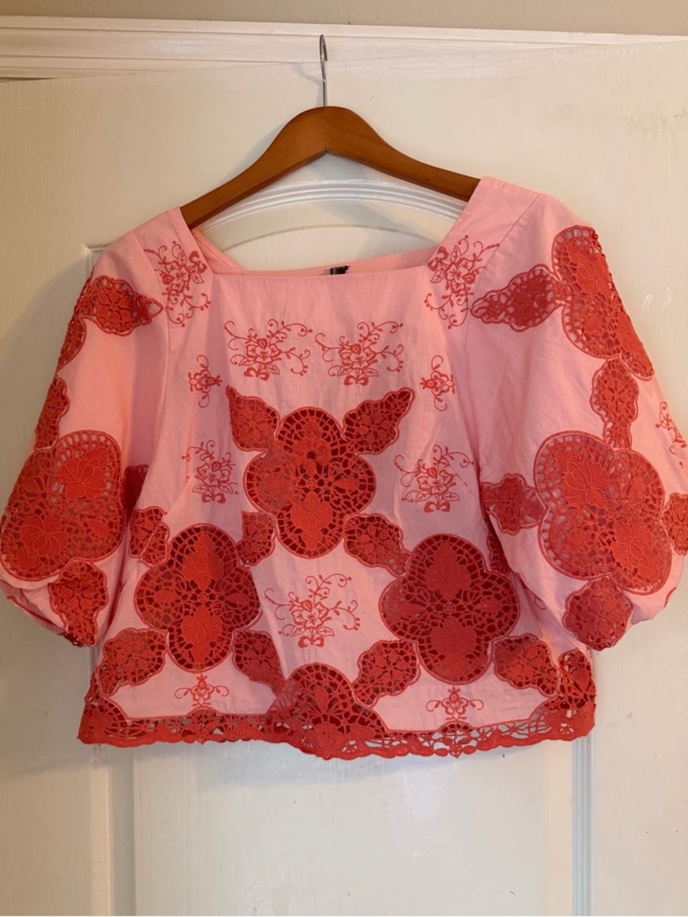 Anthropologie Pink Crop Top with Red Lace Appliqué